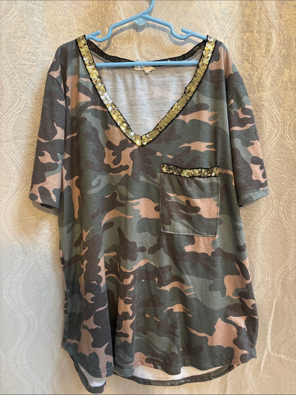 BiBi Camo V-Neck Tee with Gold Sequin Trim